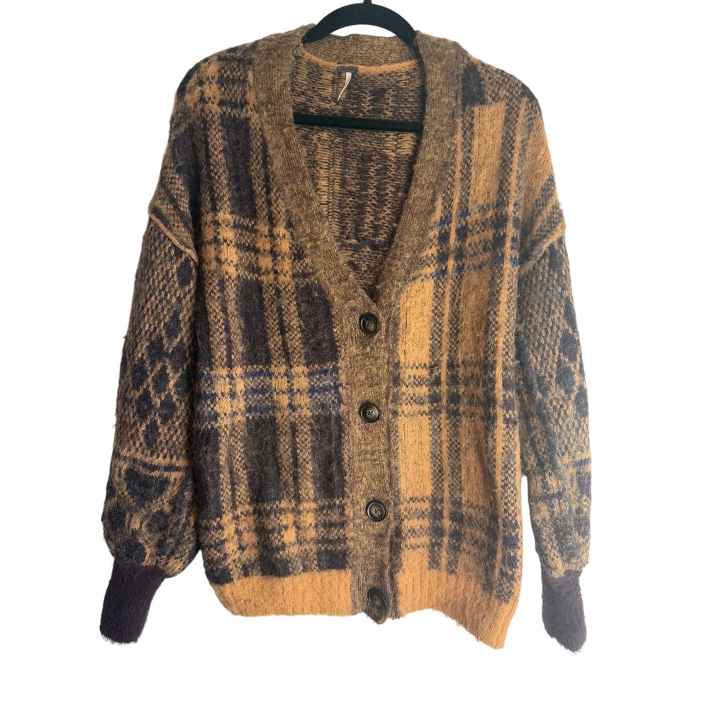 Free People Plaid Oversized Wool Blend Cardigan Sweater Brown Yellow XS